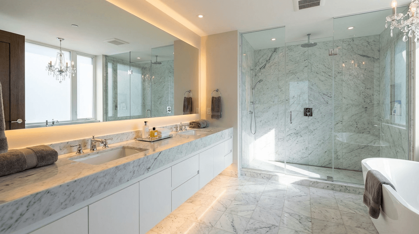 Carrara Master Bathroom — Marble Bathroom in The Sanctuary, Boca Raton by Boca Marble
