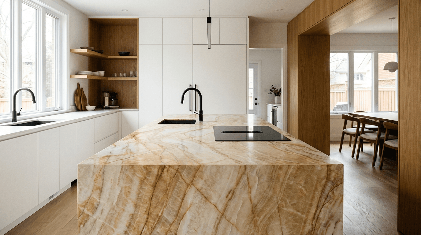 Taj Mahal Waterfall Island — Quartzite Kitchen in Boca West by Boca Marble