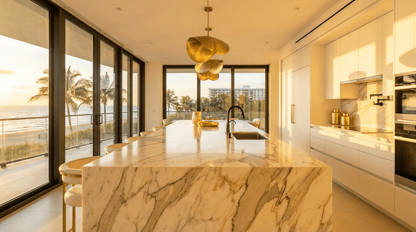 Luxury marble countertop kitchen in Boca Raton with ocean view
